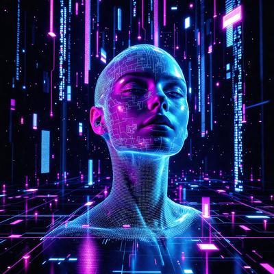 The primary subject of the image is a close-up of a woman's face, with a blue and purple color scheme. The setting is a futuristic environment, possibly a digital art or illustration. The visual style is a combination of photo and digital art, creating a unique and intriguing appearance. The colors and mood of the image are predominantly blue and purple, giving it a cool and futuristic vibe.